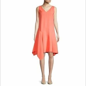 $548 Lafayette 148 Coral Reef Floretta A-line Vneck Asymmetric Dress Small NWT